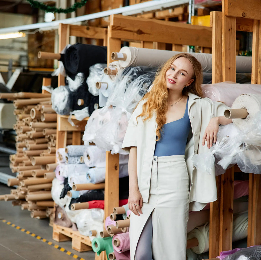 Finnish Swimwear Designer Iida Suutarla standing in a clothing factory with fabric rolls around her